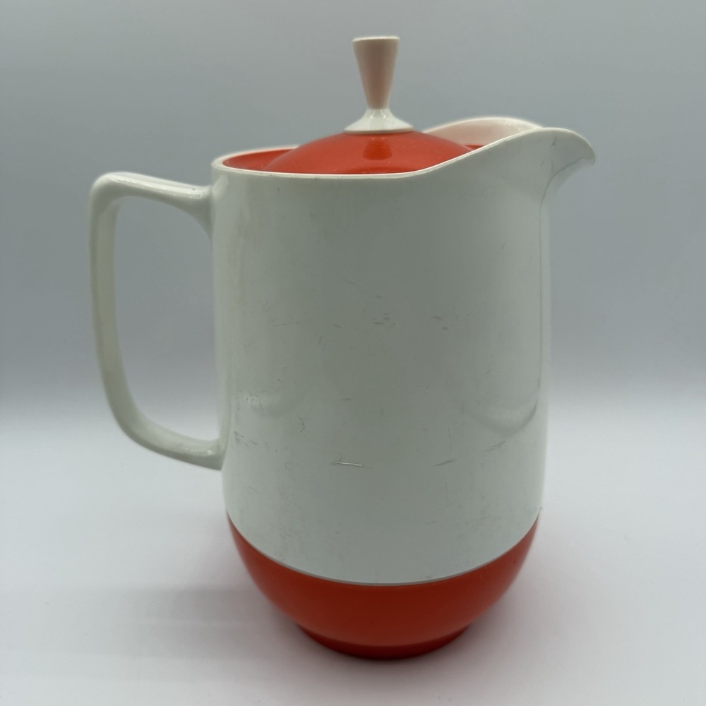 Vintage Thermos Insulated Ware Cold/Hot Pitcher Carafe White/Orange‎ 1970s